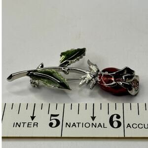 Red Green Enamel Long Stem Rose Flower Rhinestone Brooch Pin Mature Collectable